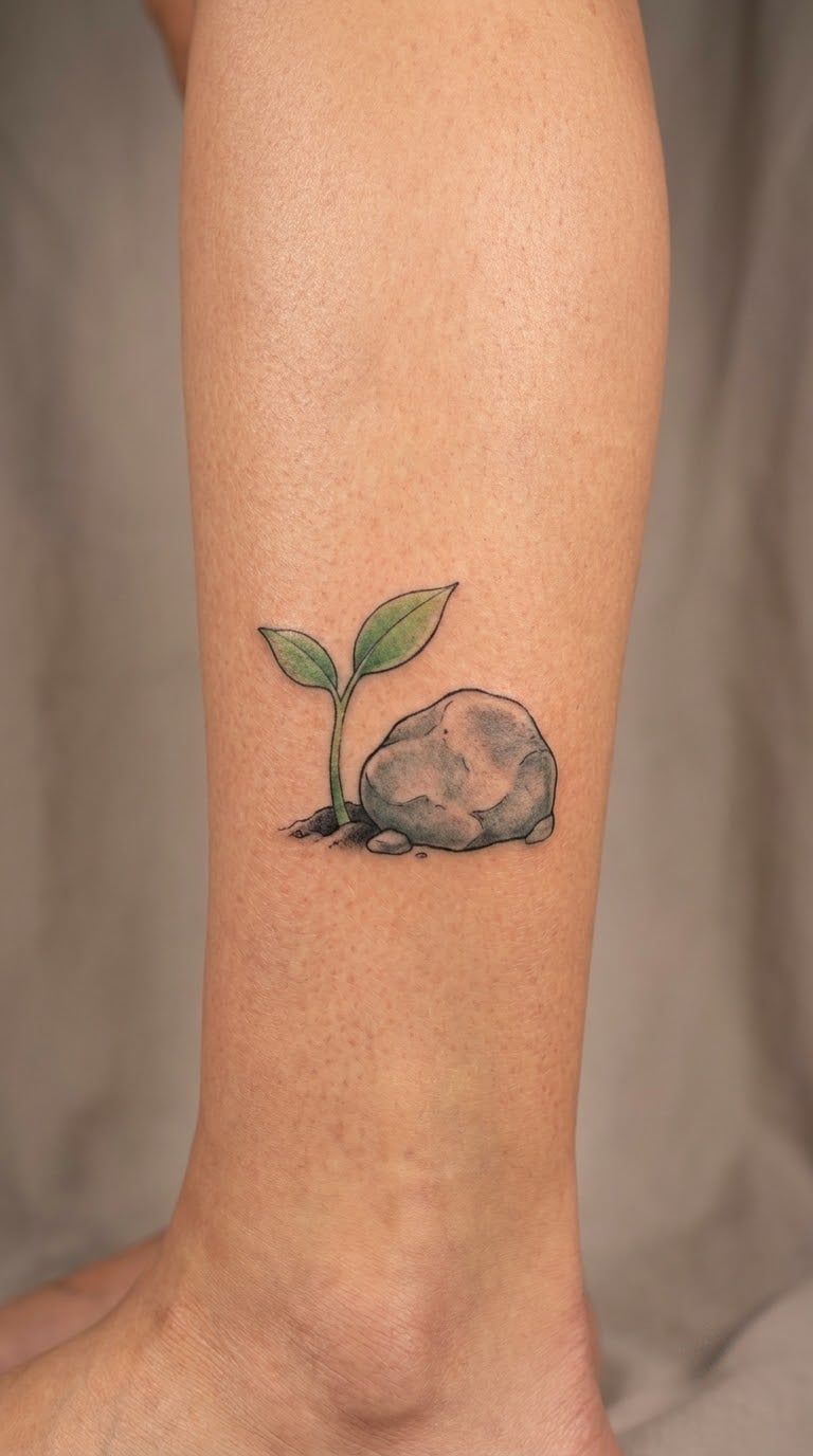 Seedling and Boulder in Watercolour