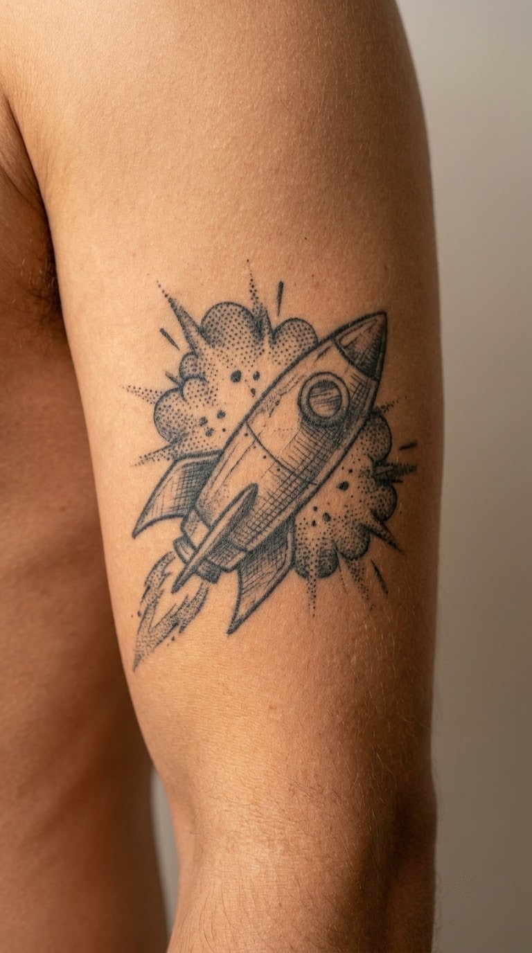 Grunge Rocket with Halftone Explosion