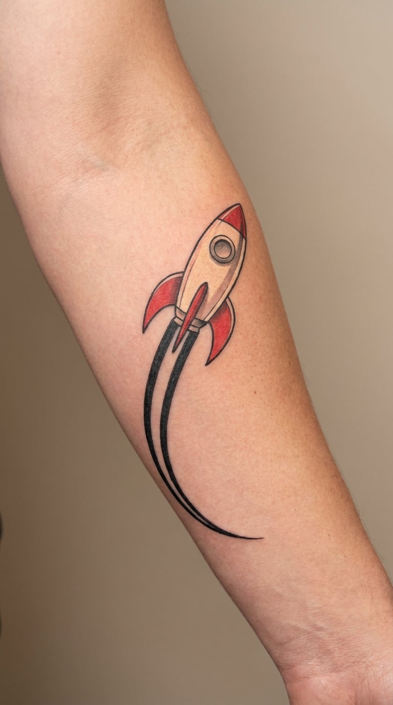 Retro Rocket with Curved Exhaust Trail