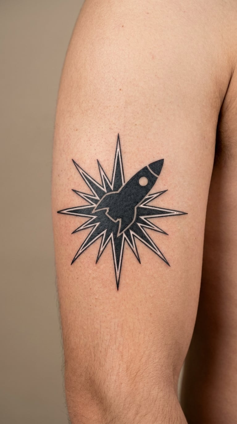 Blackwork Rocket Launching Through a Star