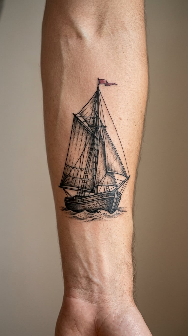 Vintage Sailboat with Waving Flag