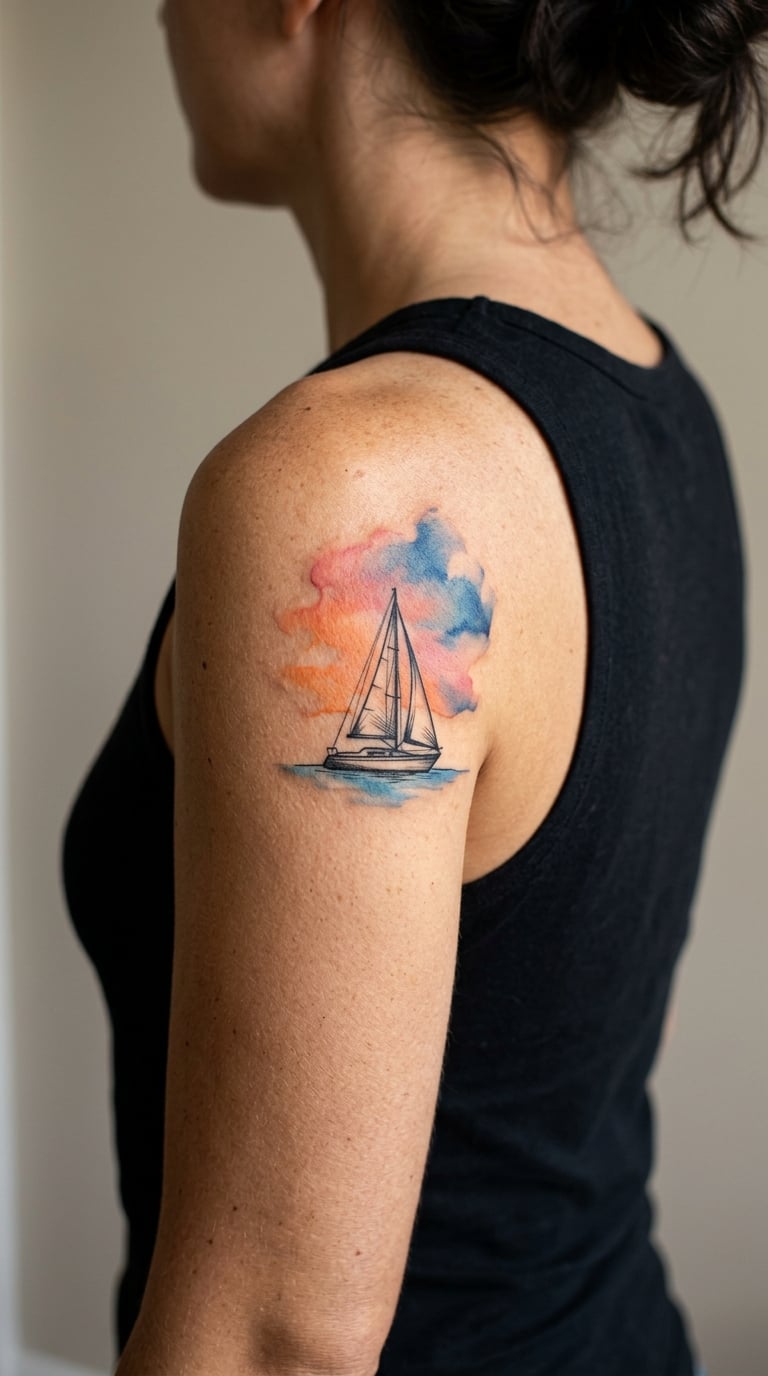 Watercolor Sailboat at Sunset