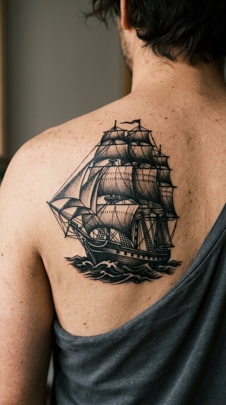 Old-Style Sailing Ship in Blackwork