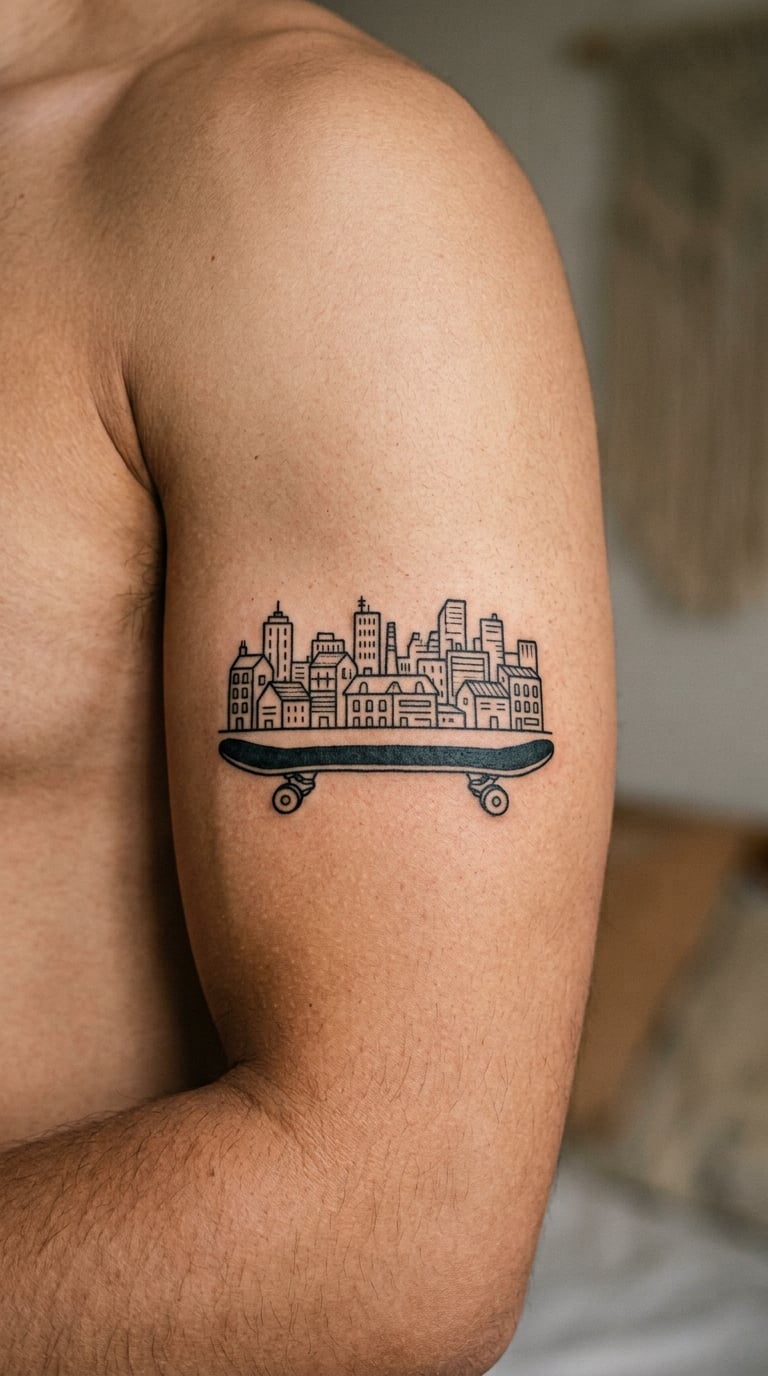 Skateboard with a City Skyline