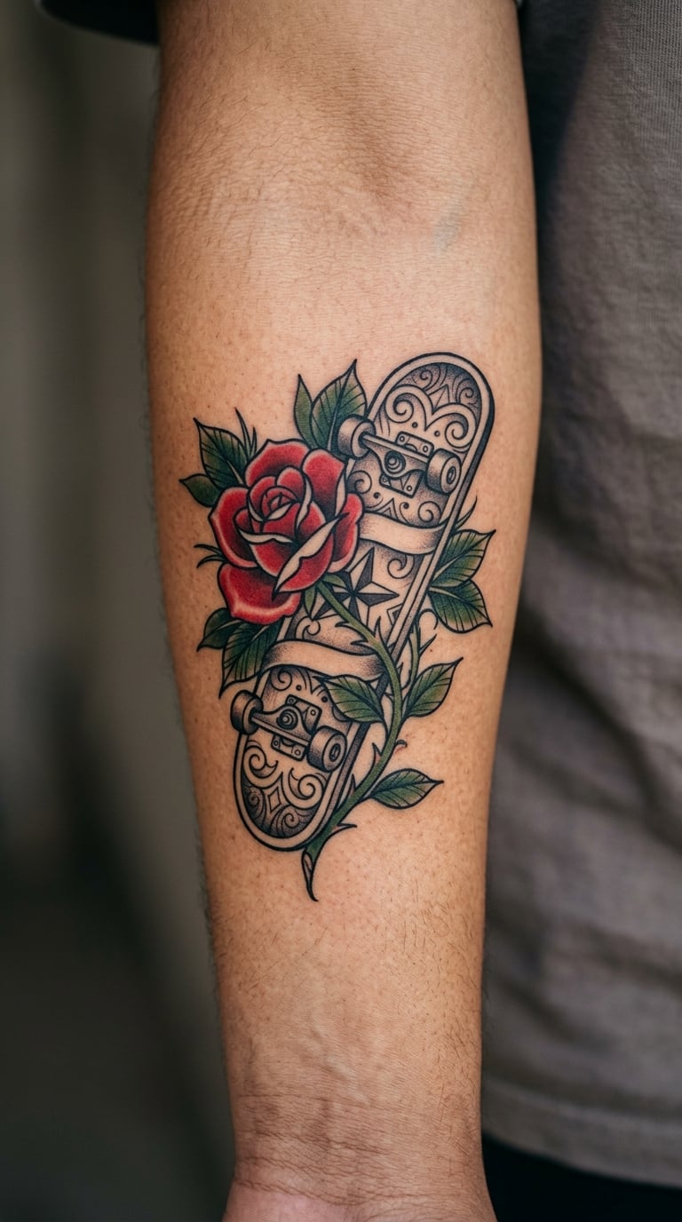 Neo-Traditional Rose and Skateboard
