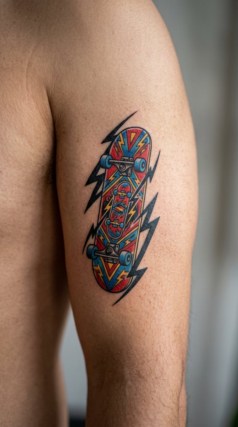 Full-Color Skateboard with Lightning Background