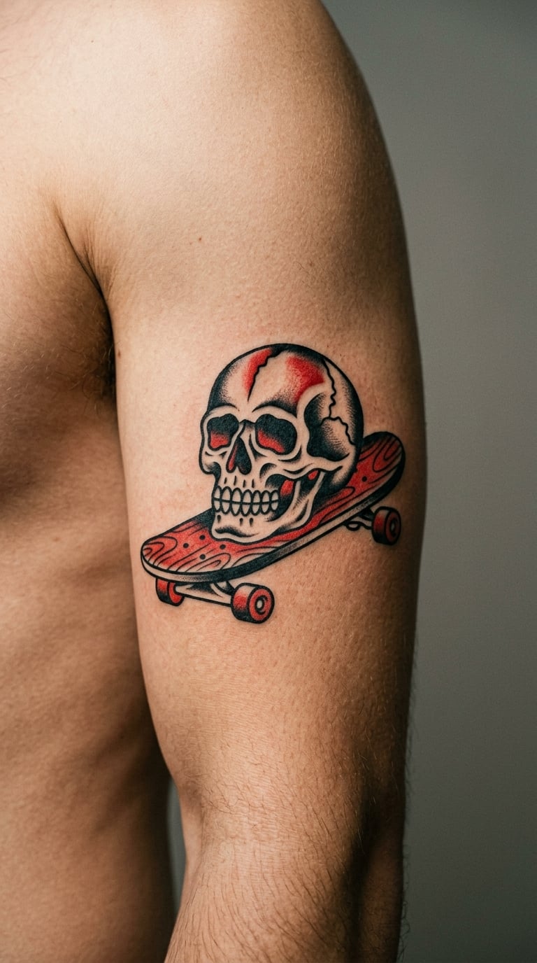 Traditional Skull and Skateboard