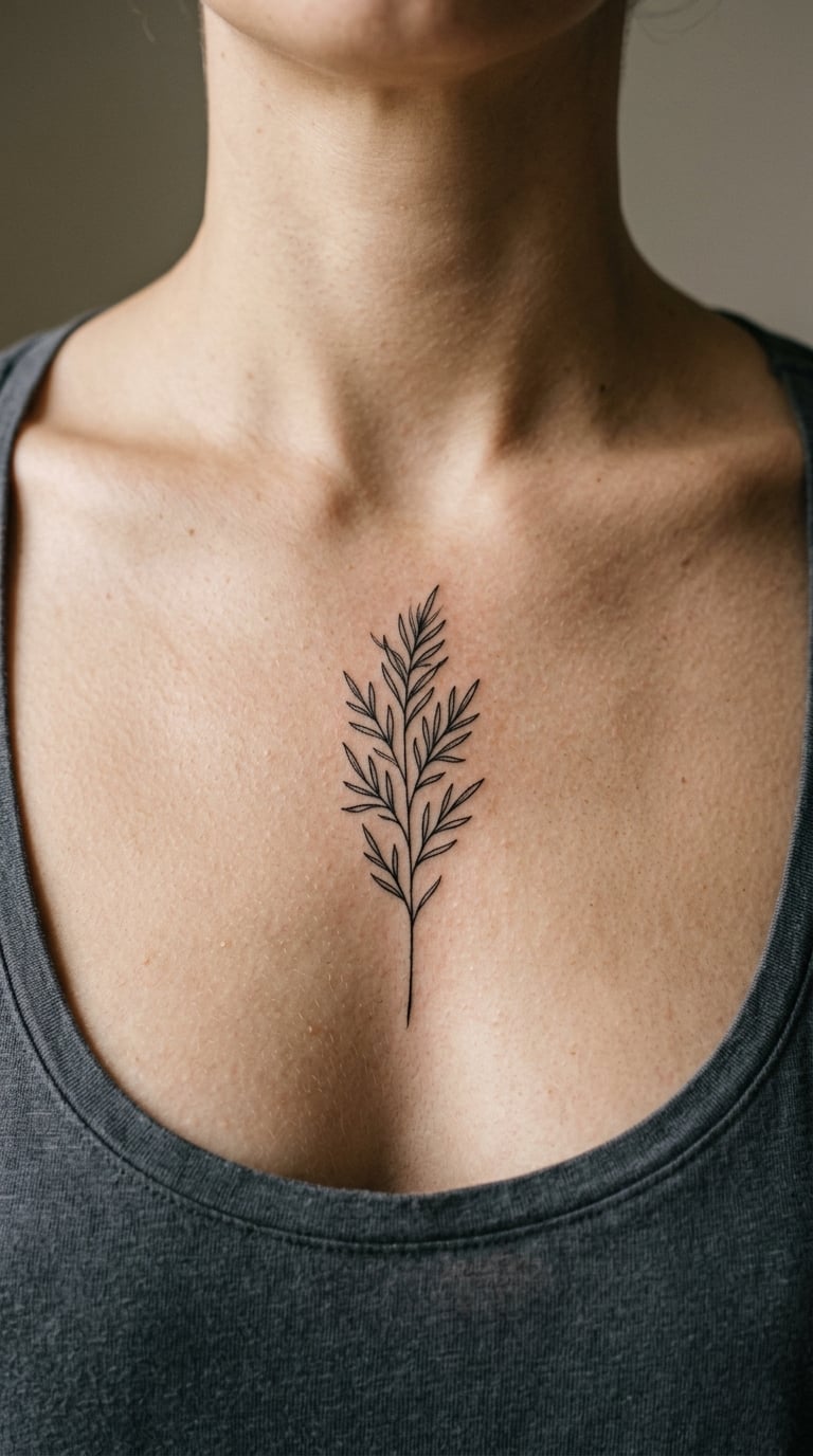 Fine-Line Botanical Stem at the Center of the Chest