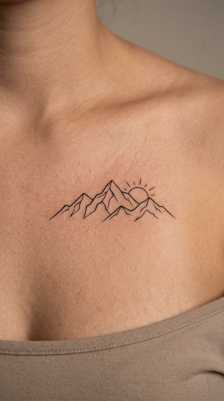 Fine-Line Mountain Range With a Tiny Sun