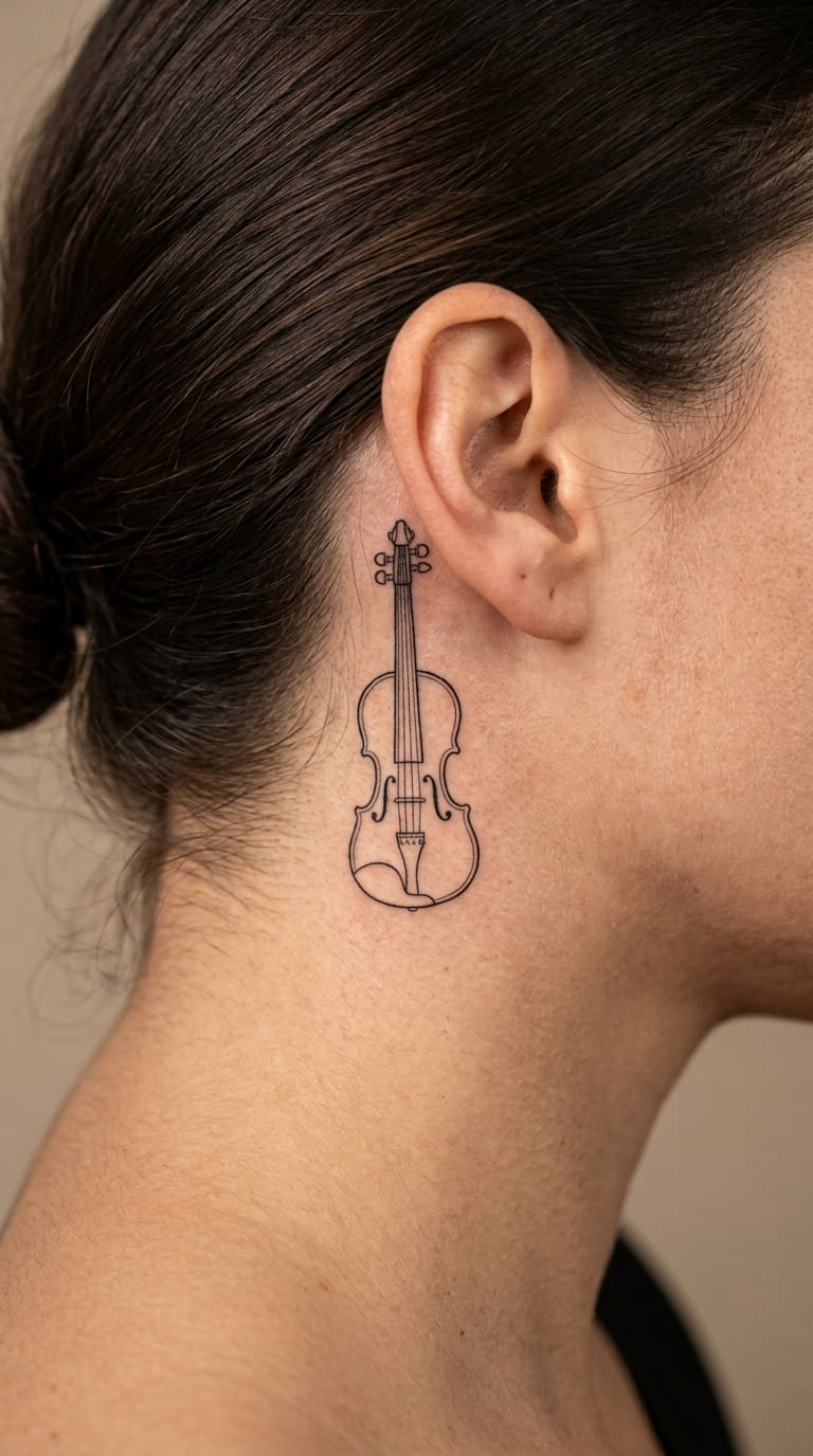 Fine-Line Violin Outline Behind the Ear