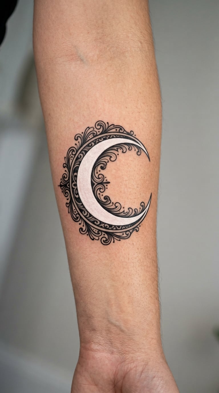 Crescent Moon Wrapped in Black Filigree