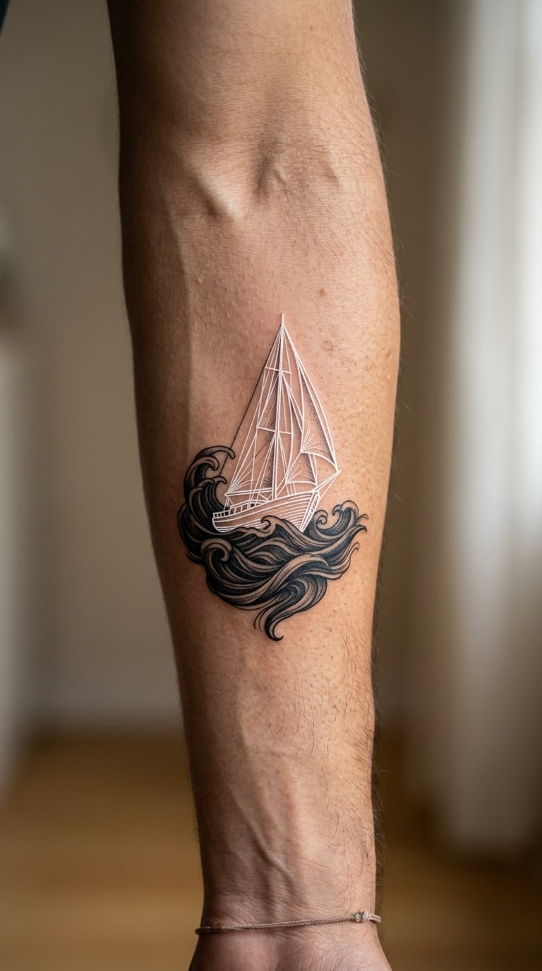White Sailboat Emerging from a Black Sea