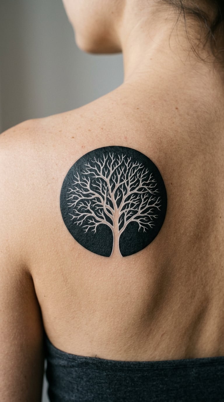 White Tree of Life Against a Black Circle