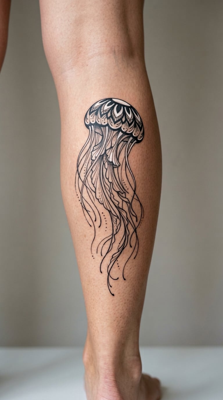 Blackwork Jellyfish with White Translucent Domes