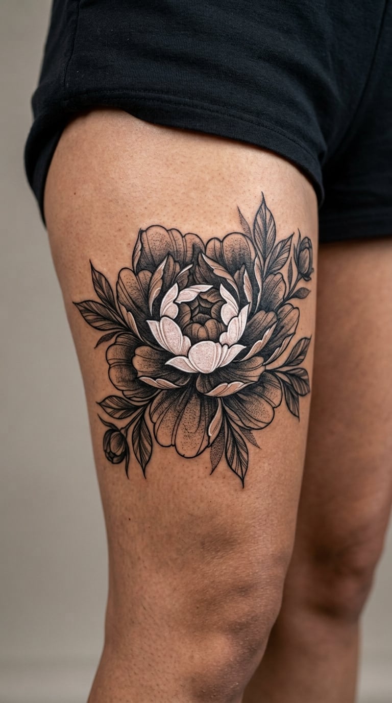 Blackwork Peony with White Petal Highlights