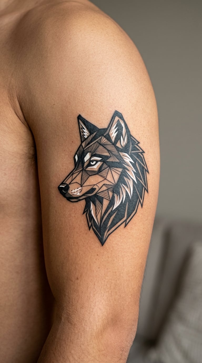White-Ink Wolf Among Black Geometric Shapes