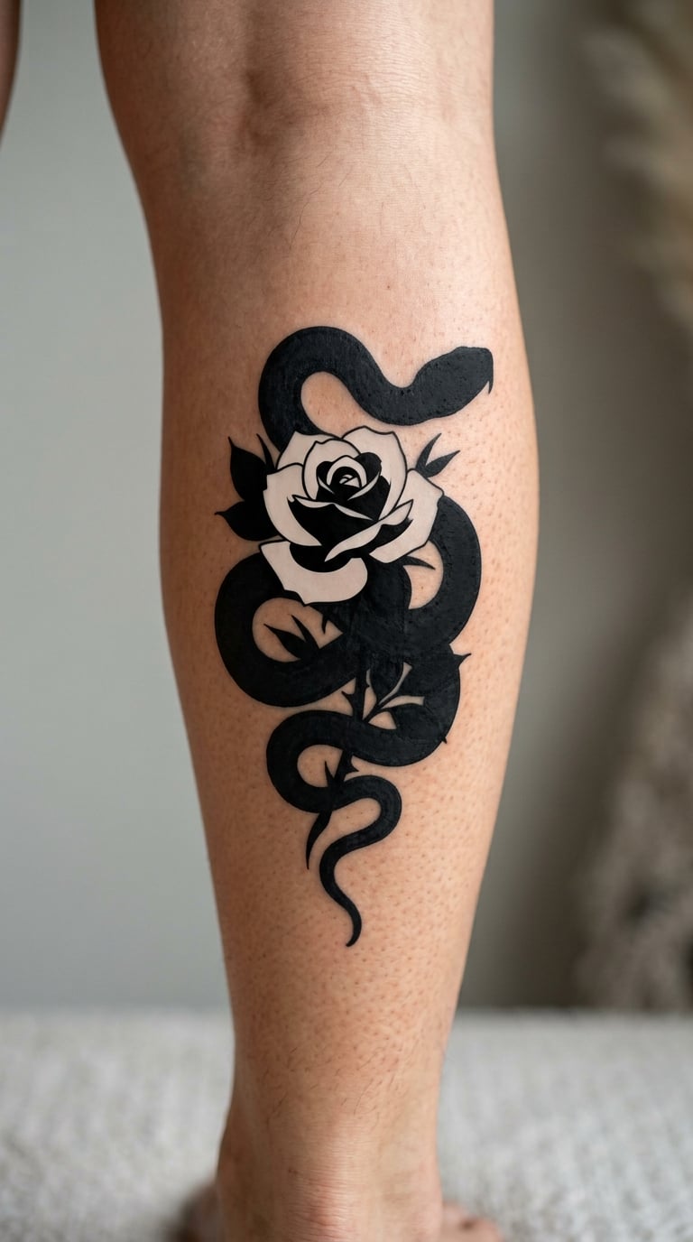 Blackwork Snake Coiled Around a White Rose