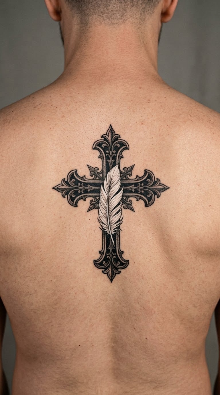 White Feather Inside a Black Gothic Cross