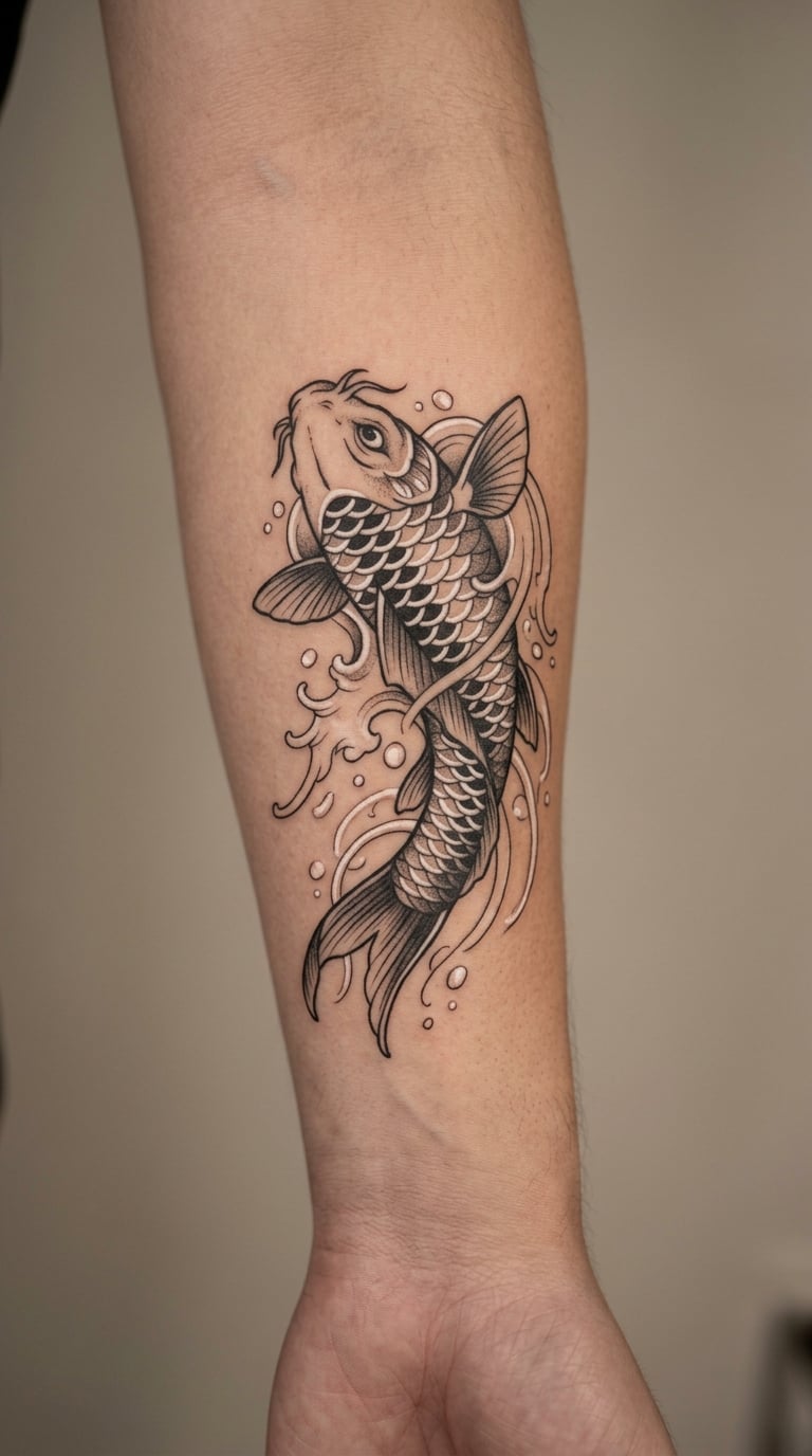 Blackwork Koi with a White Water Pattern