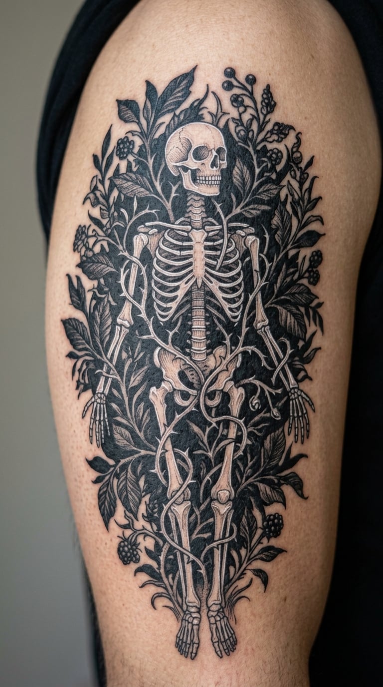 White Floral Skeleton in a Black Botanical Field