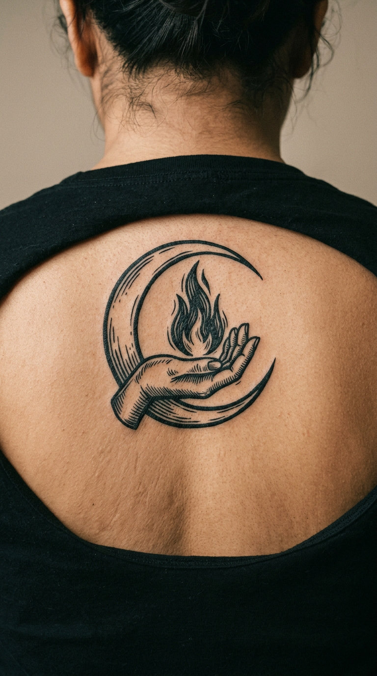 Crescent Enclosing a Hand with Flame