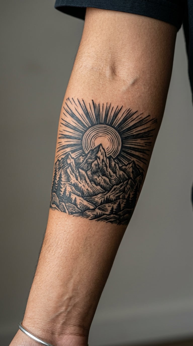 Mountain Range Beneath a Radiant Sun