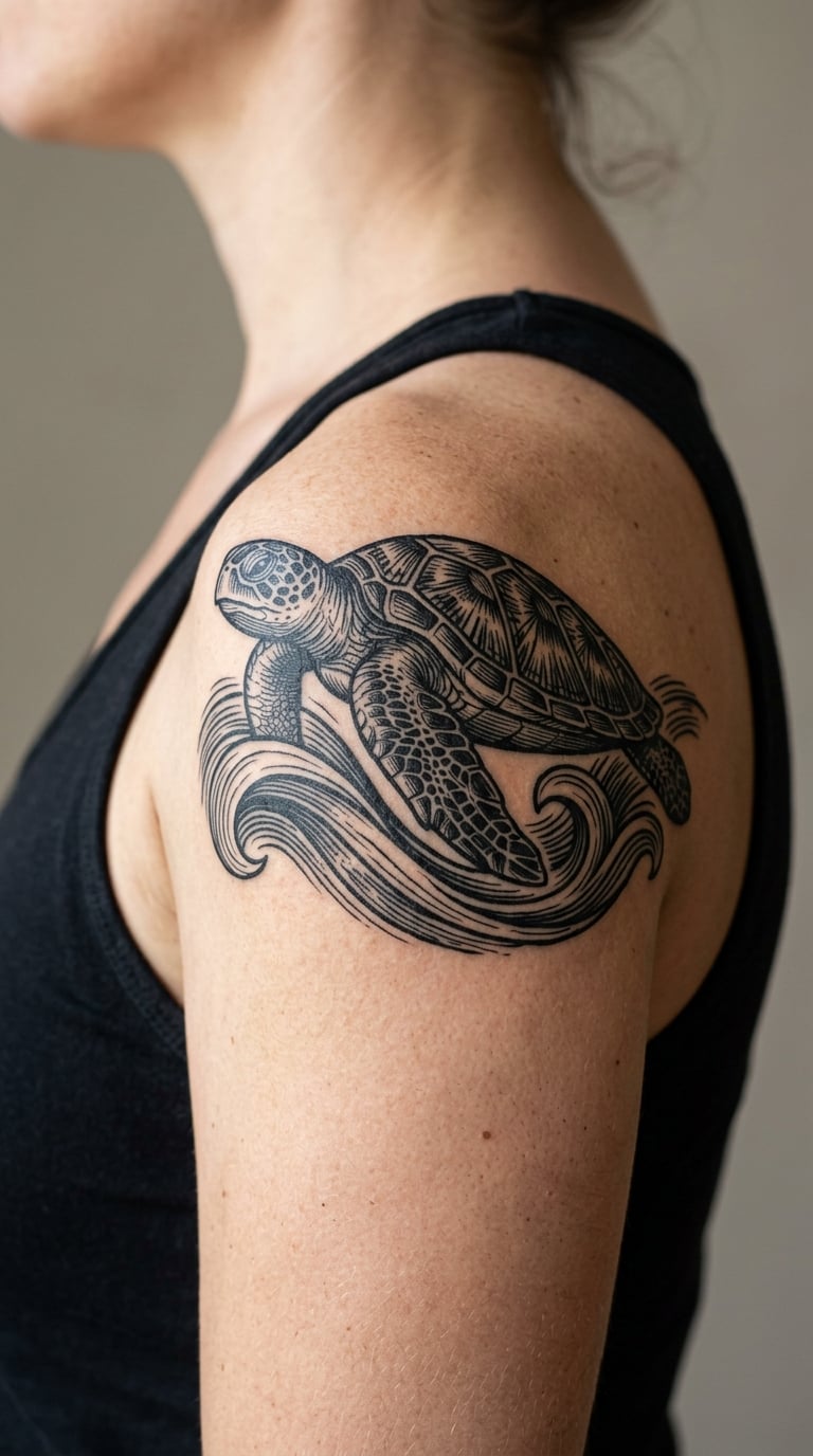 Sea Turtle Over Curved Waves