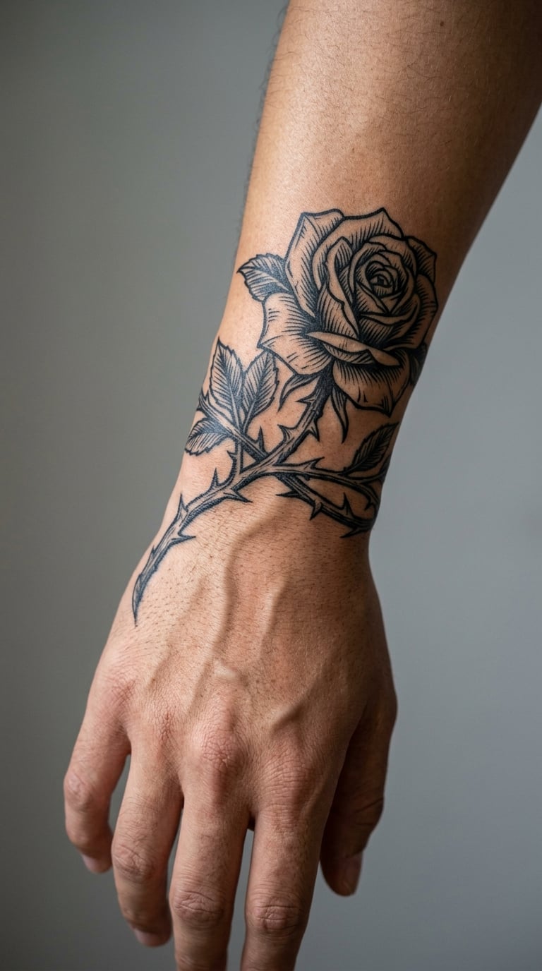 Engraved Rose and Thorned Stem