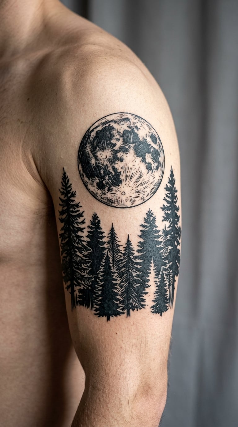 Full Moon Over Pine Silhouettes