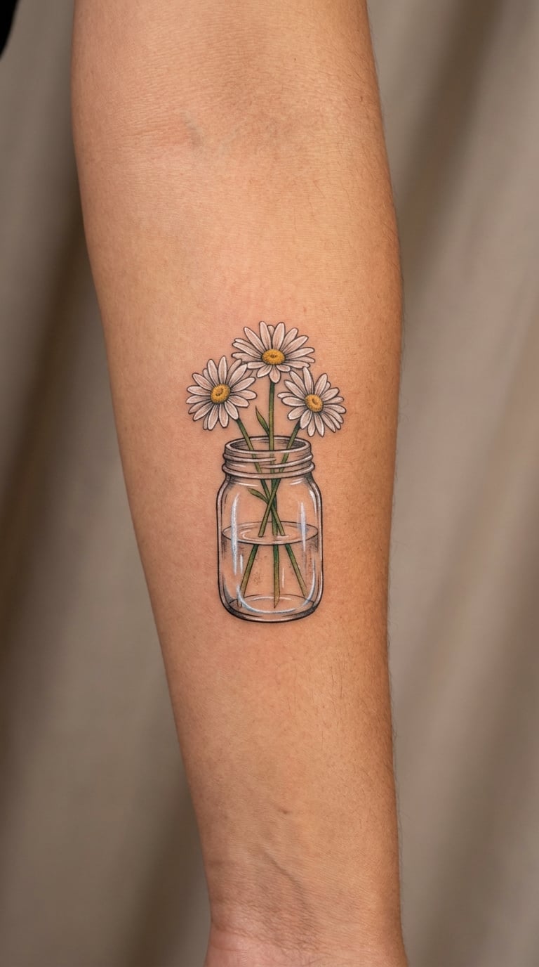 Daisy Bouquet in a Jar on the Forearm