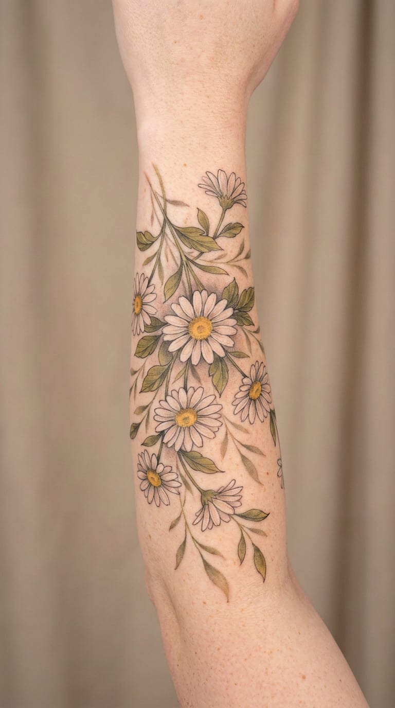 Full-Color Daisy Sleeve on the Upper Arm