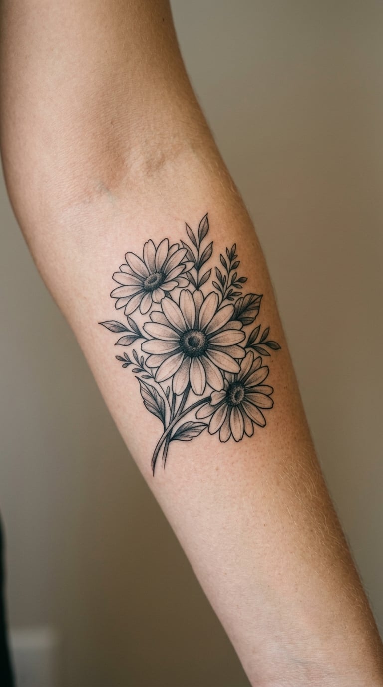 Black-and-Grey Daisy Cluster on the Forearm