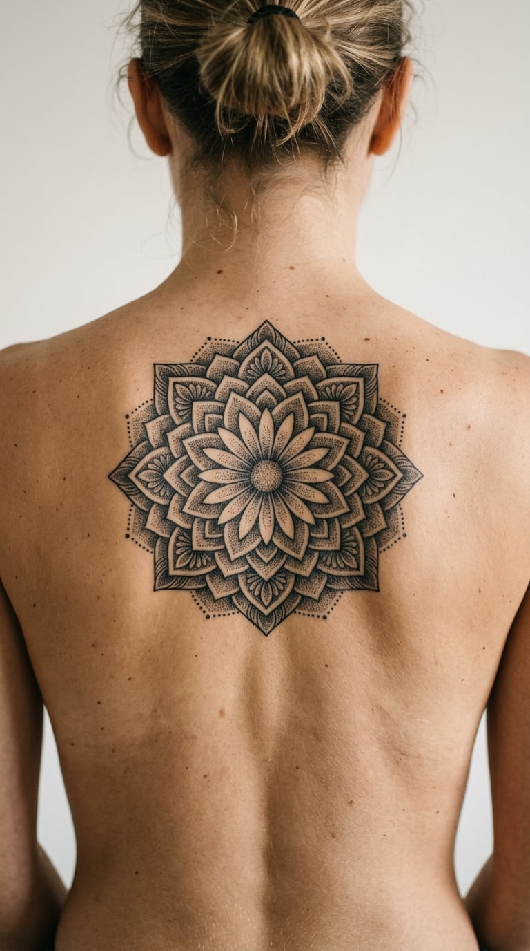 Dotwork Daisy Mandala on the Upper Back