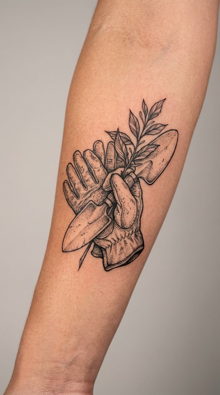 Gardening Gloves and Trowel in Blackwork