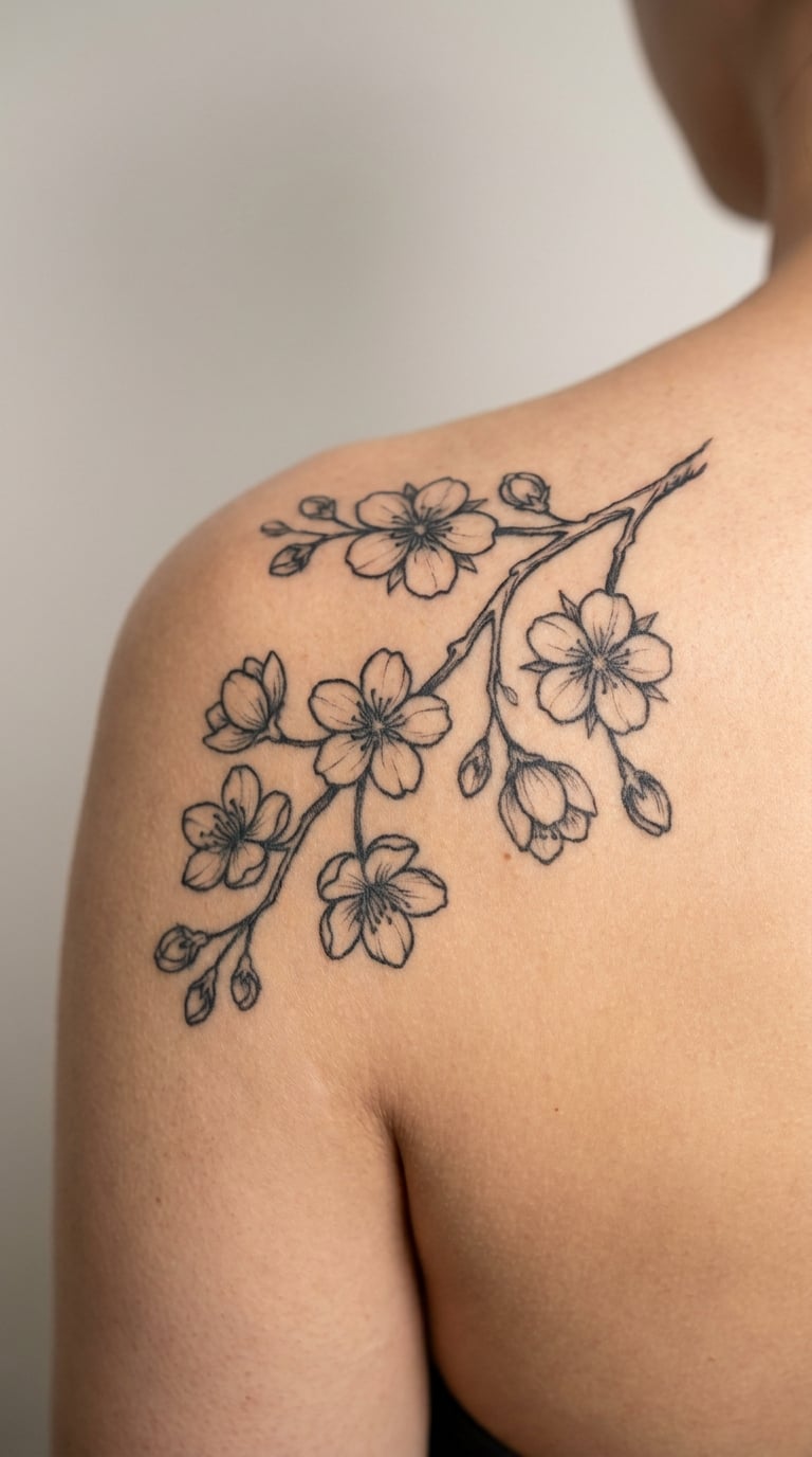 Cherry Blossom Branch in Blackwork