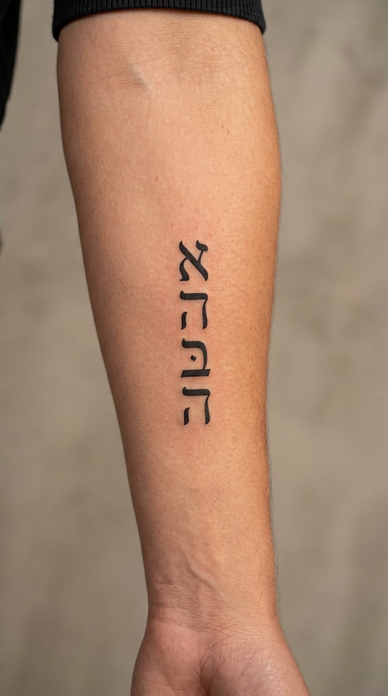 Hebrew Word Tzedek in Fine-Line Vertical Tattoo