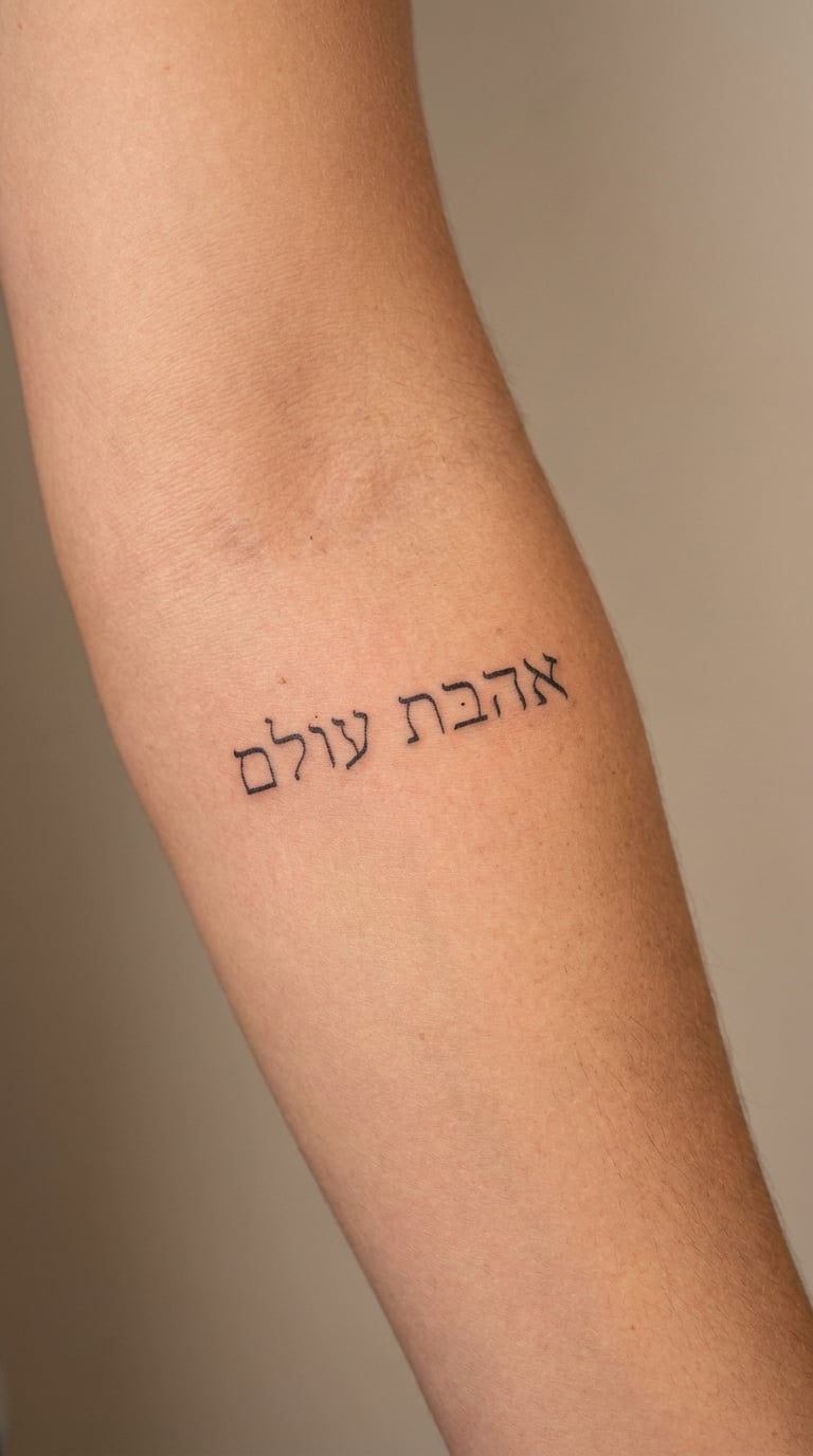 Hebrew Word Baruch Adonai in Fine-Line Phrase Tattoo