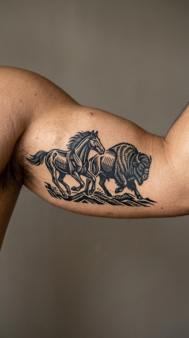 Charging Bison and Horse