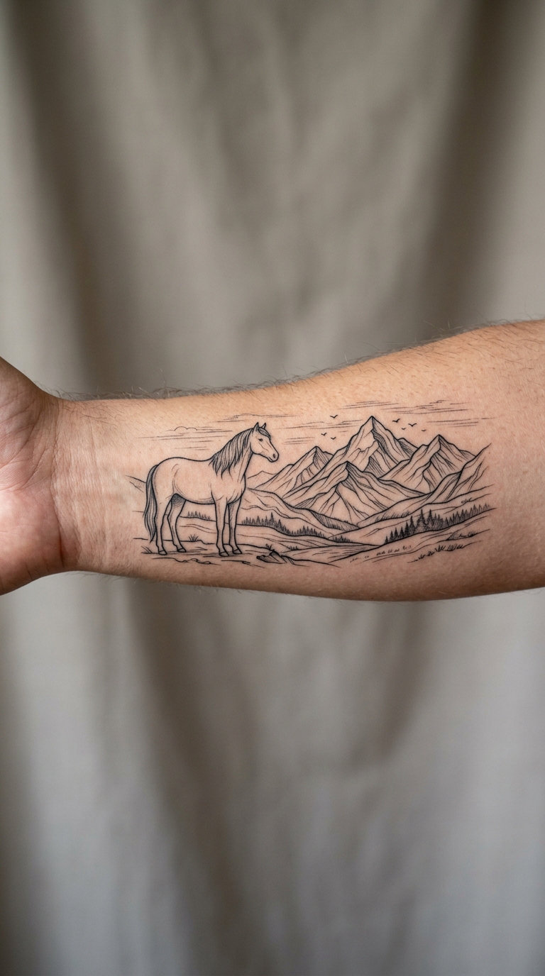Horse and Mountain Line Art