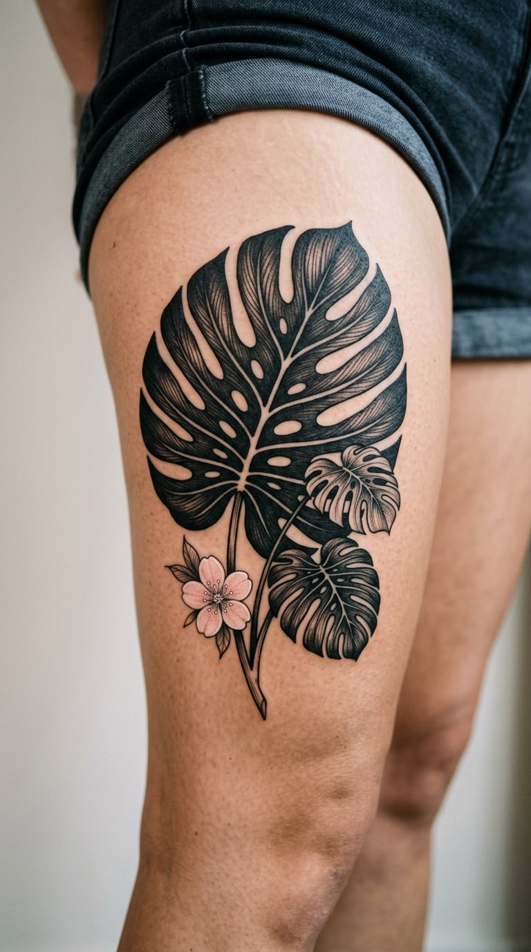 Monstera Leaf with Sakura Accent