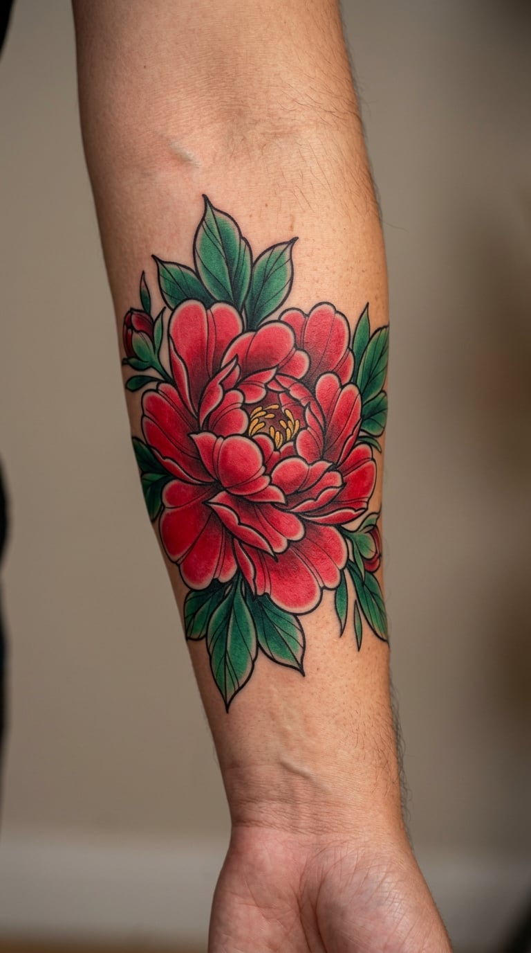 Red Peony with Curving Leaves