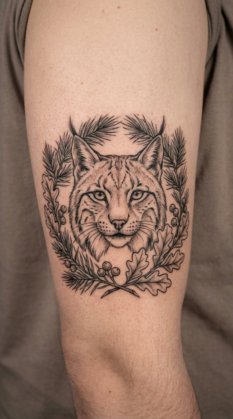 Lynx Head in a Botanical Wreath