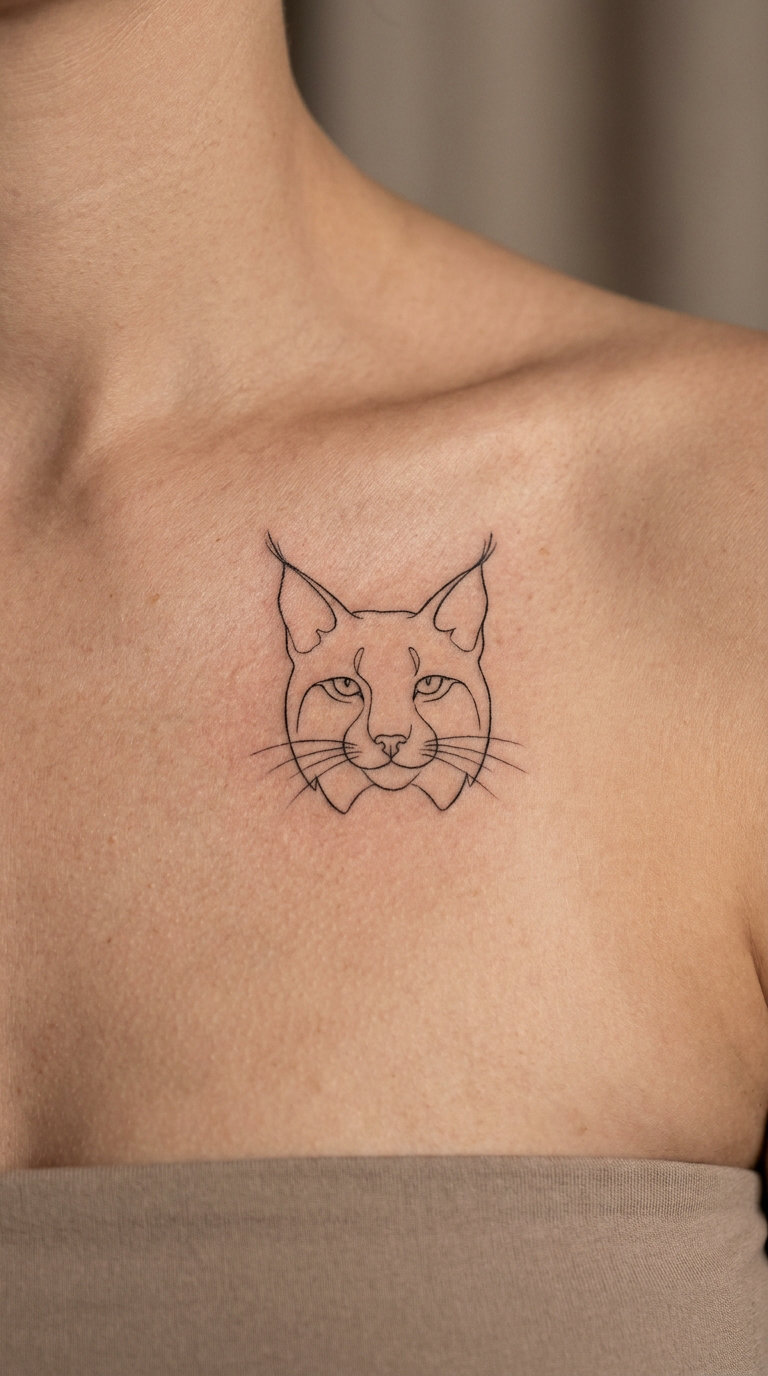 Fine-Line Lynx Face on the Collarbone
