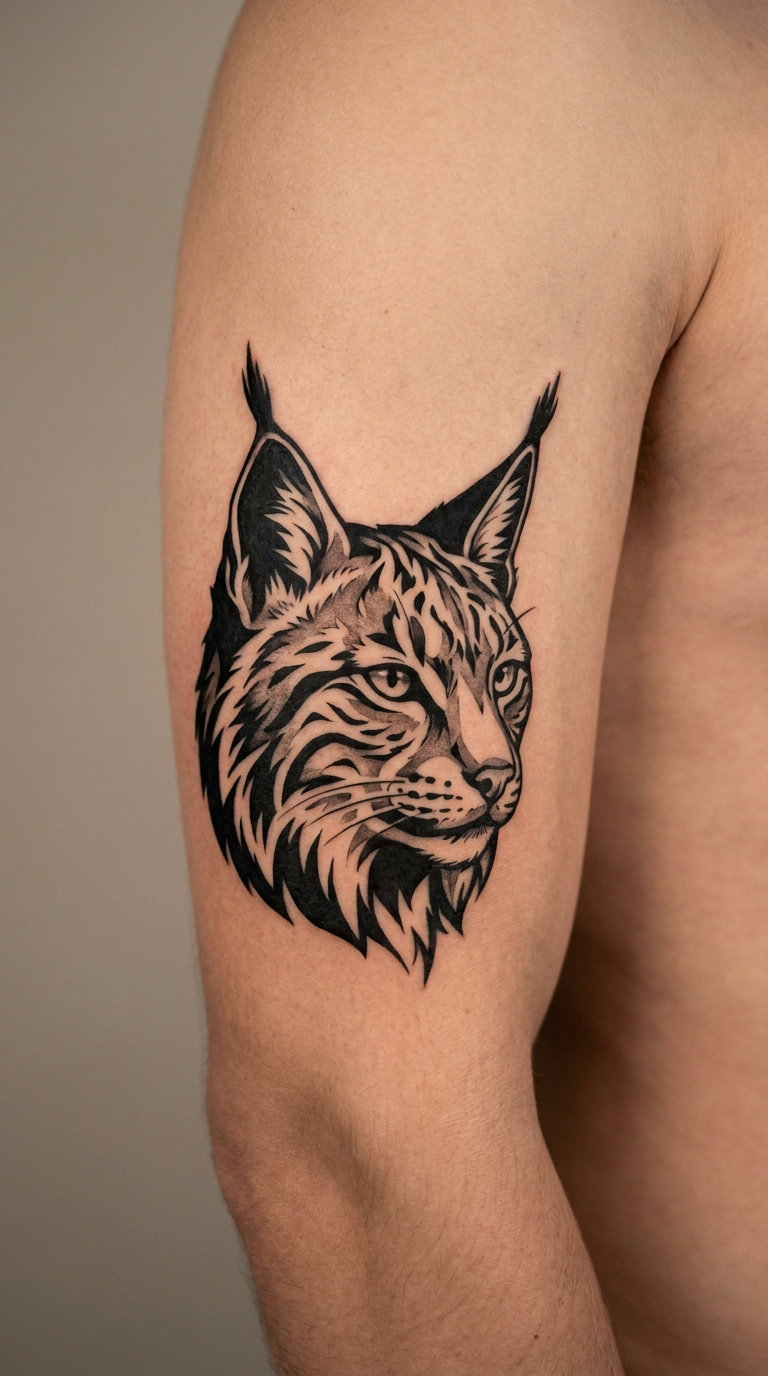 Blackwork Lynx Head on the Upper Arm