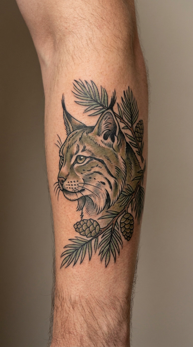 Traditional Lynx with Pine Branch