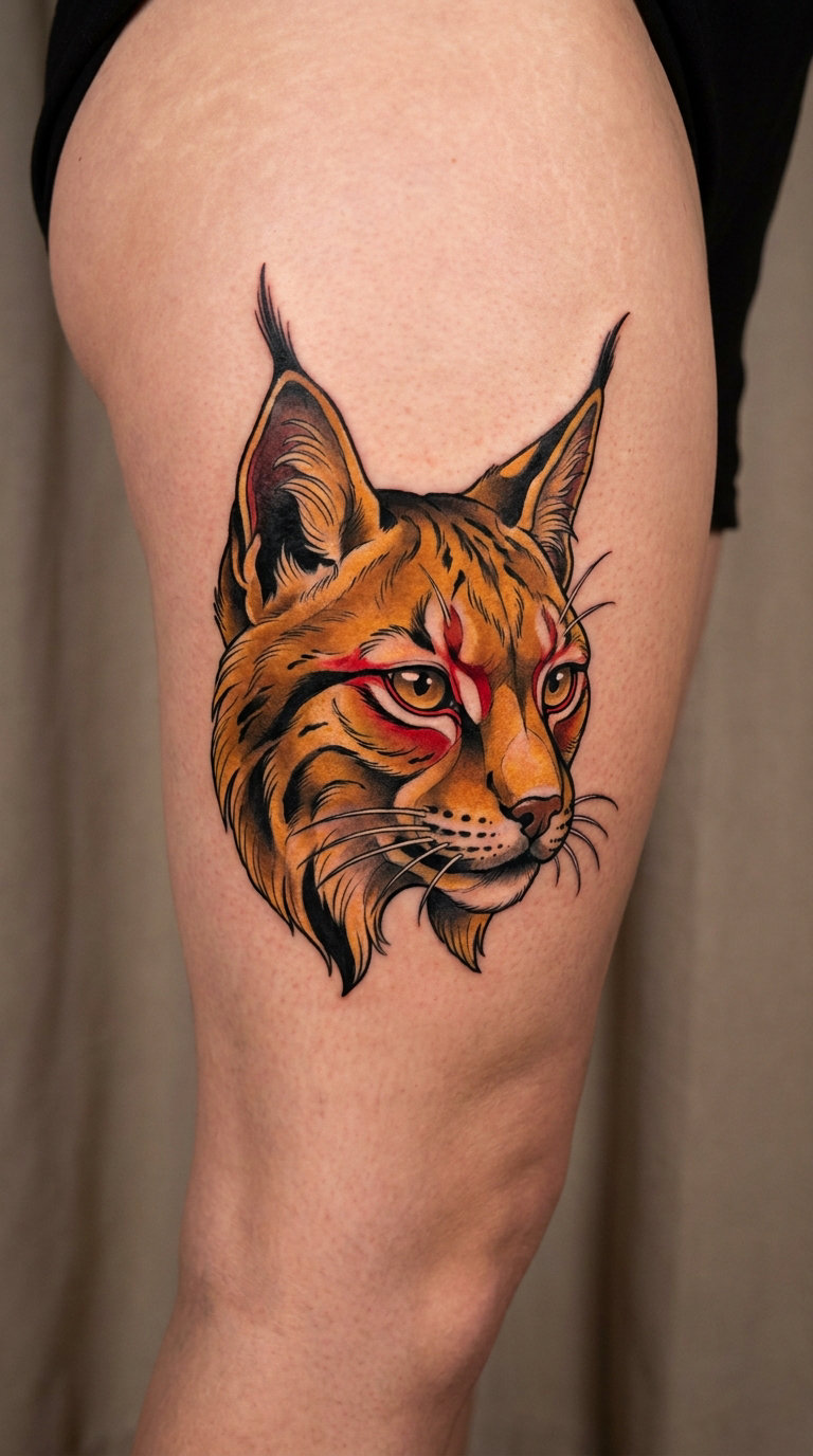 Neo-Traditional Lynx Portrait on the Thigh