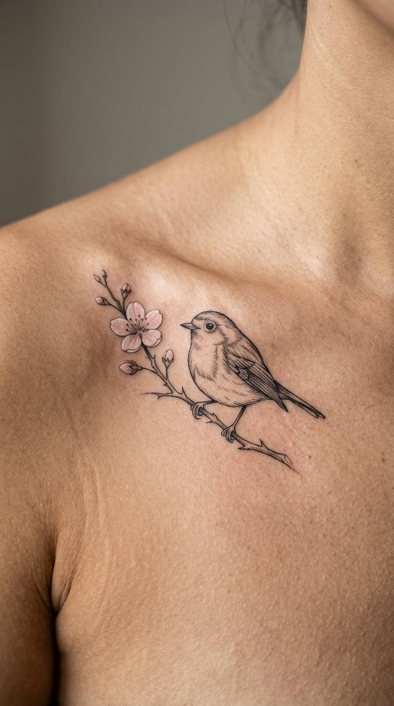 Fine-Line Robin with Cherry Blossom on the Collarbone
