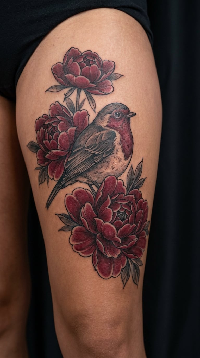 Robin with Red Peony Blossoms on the Thigh