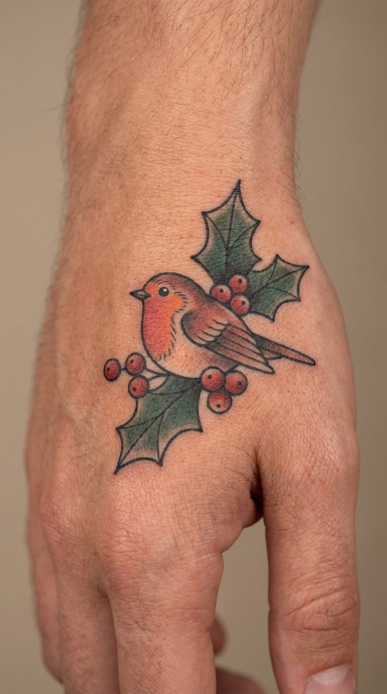 Holly and Robin Holiday Design on the Back of the Hand