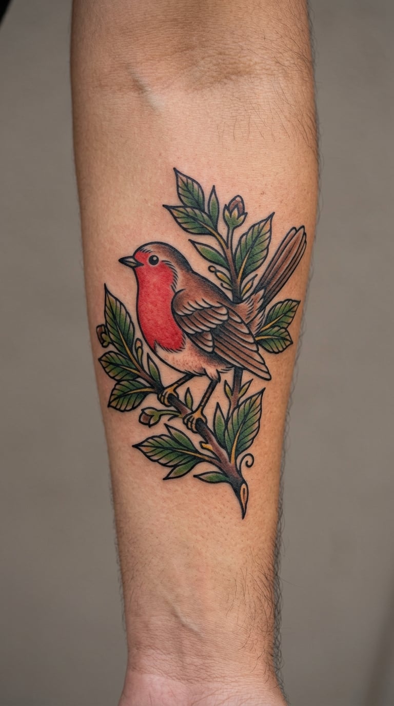 Traditional Redbreast on a Mossy Branch
